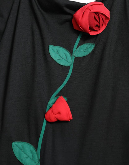 Dolce &amp; Gabbana Black Wool Sleeveless Rose Applique Dress