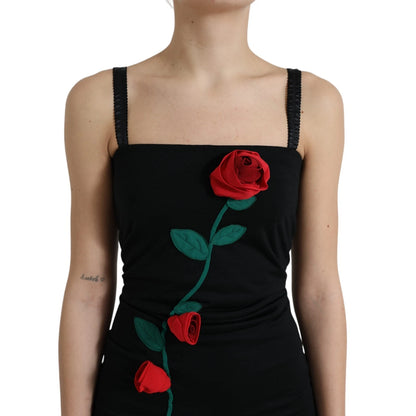 Dolce &amp; Gabbana Black Wool Sleeveless Rose Applique Dress