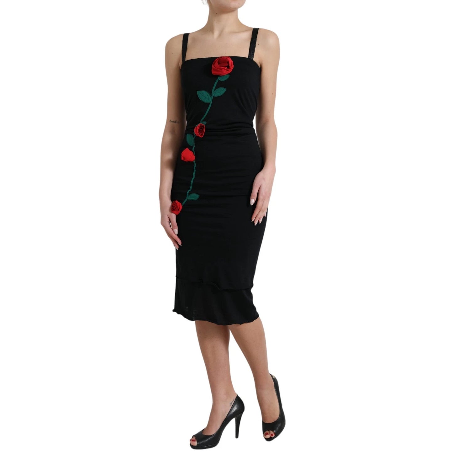 Dolce &amp; Gabbana Black Wool Sleeveless Rose Applique Dress