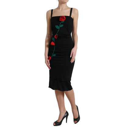 Dolce &amp; Gabbana Black Wool Sleeveless Rose Applique Dress