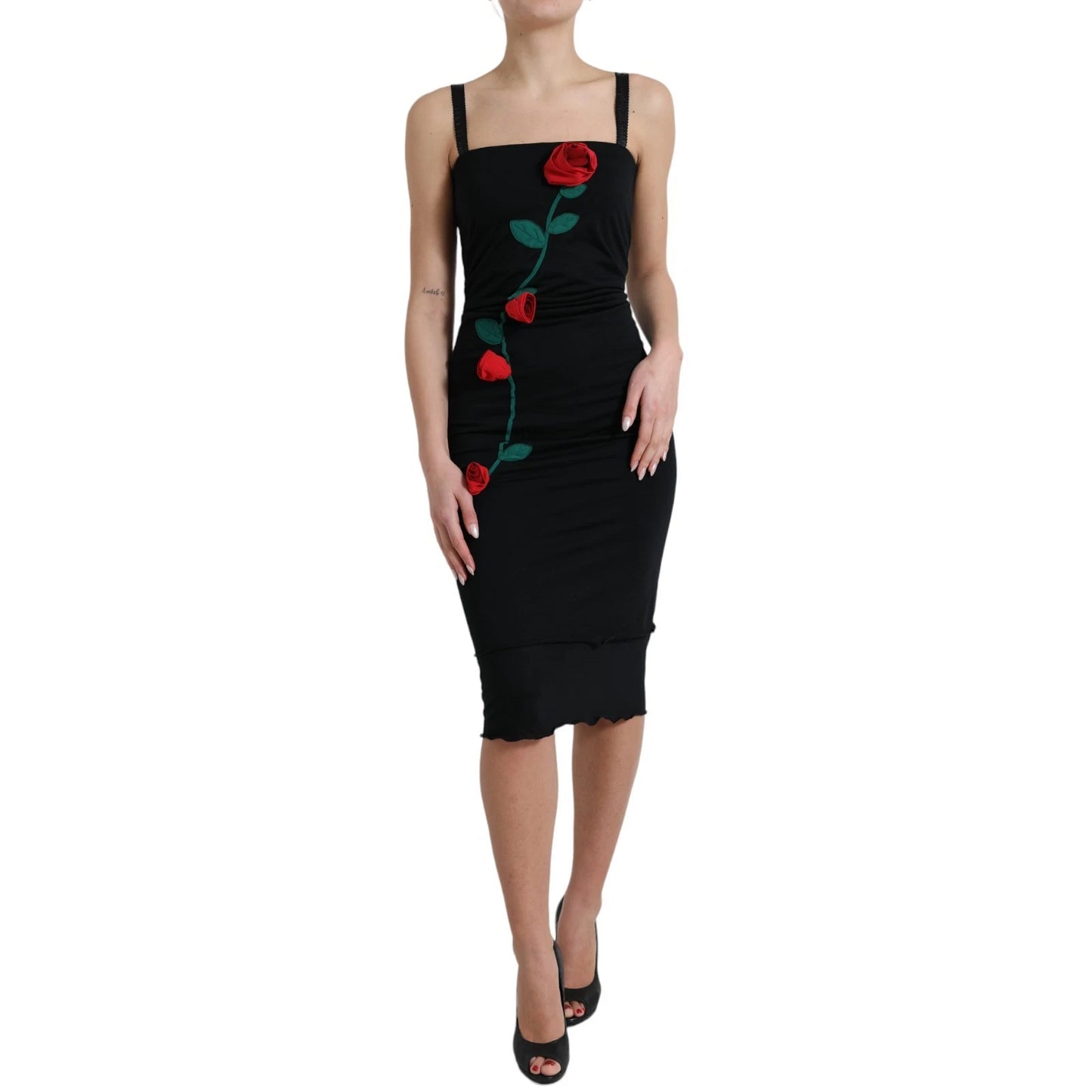 Dolce &amp; Gabbana Black Wool Sleeveless Rose Applique Dress