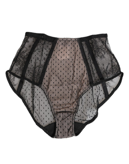 Dolce & Gabbana Black Sheer Polka Dot Lace High Waist Underwear