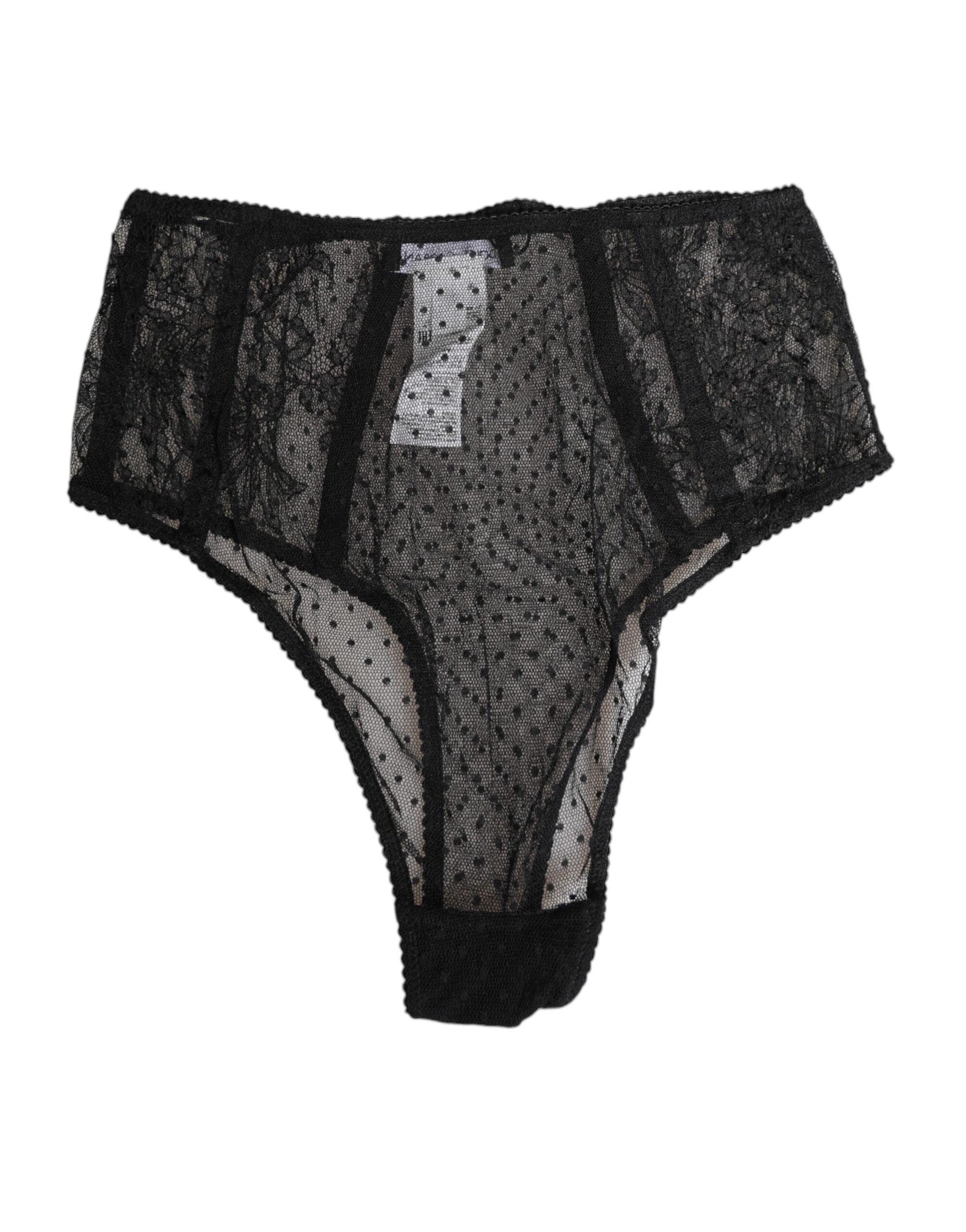 Dolce & Gabbana Black Lace Polka Dot Mesh High Waist Underwear