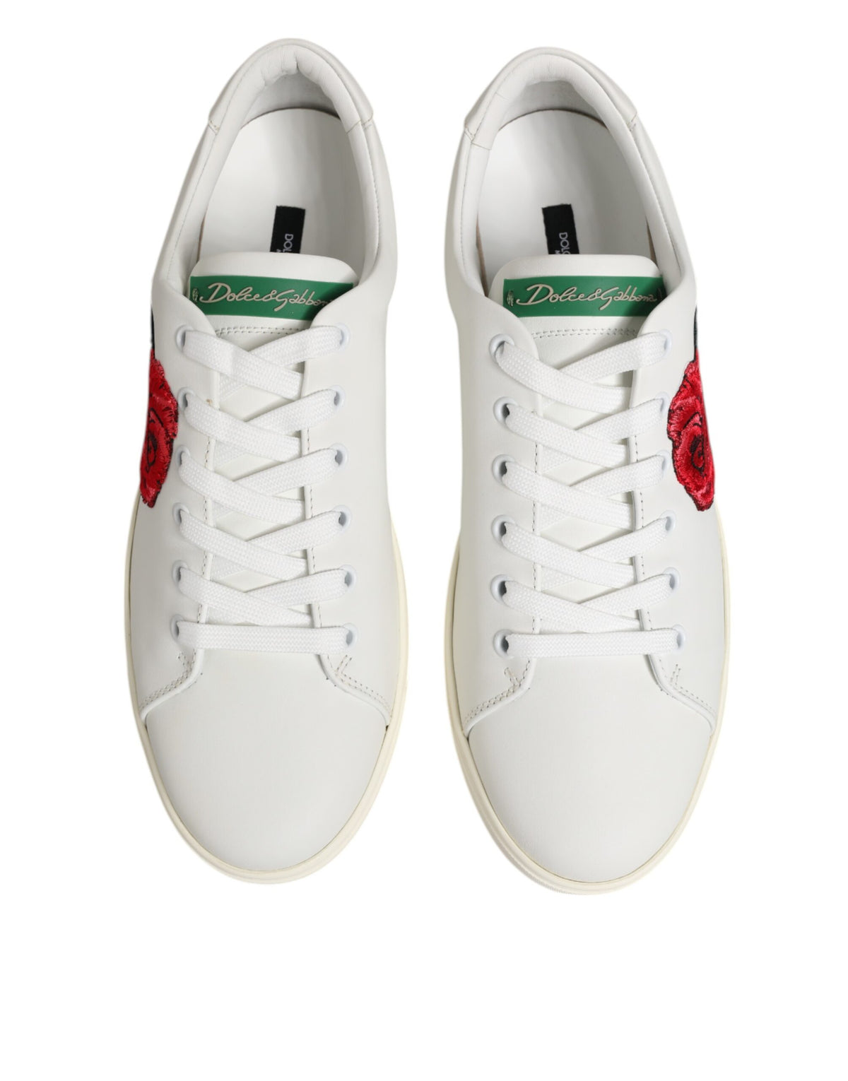 Dolce & Gabbana White Leather Rose Embroidery Low-Top  Shoes
