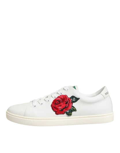 Dolce & Gabbana White Leather Rose Embroidery Low-Top  Shoes