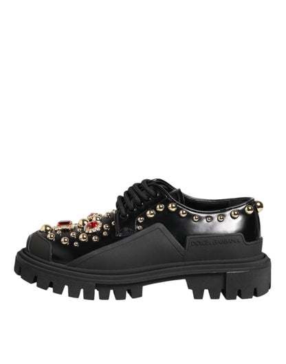 Dolce & Gabbana Black Leather Jeweled Crystals Derby Shoes