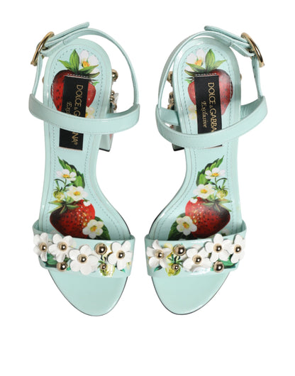 Dolce & Gabbana Mint Green Floral Studs Heels Sandals Shoes