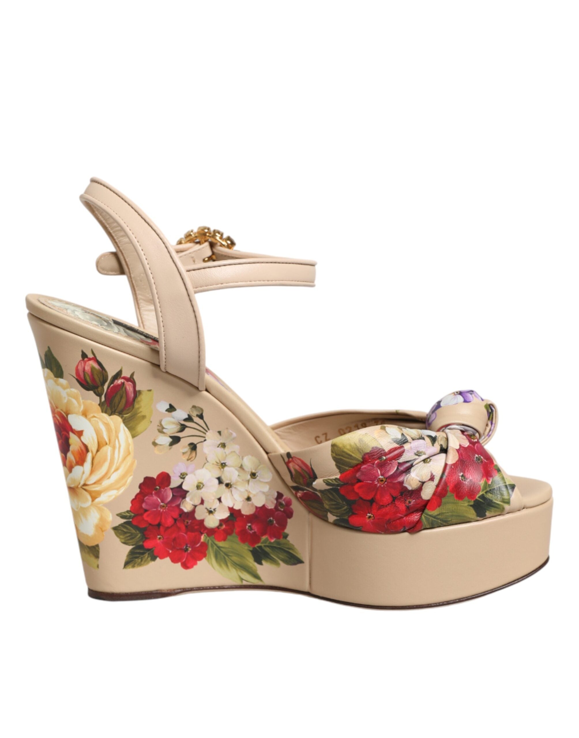 Dolce & Gabbana Beige Floral Ankle Strap Wedge Sandals Shoes