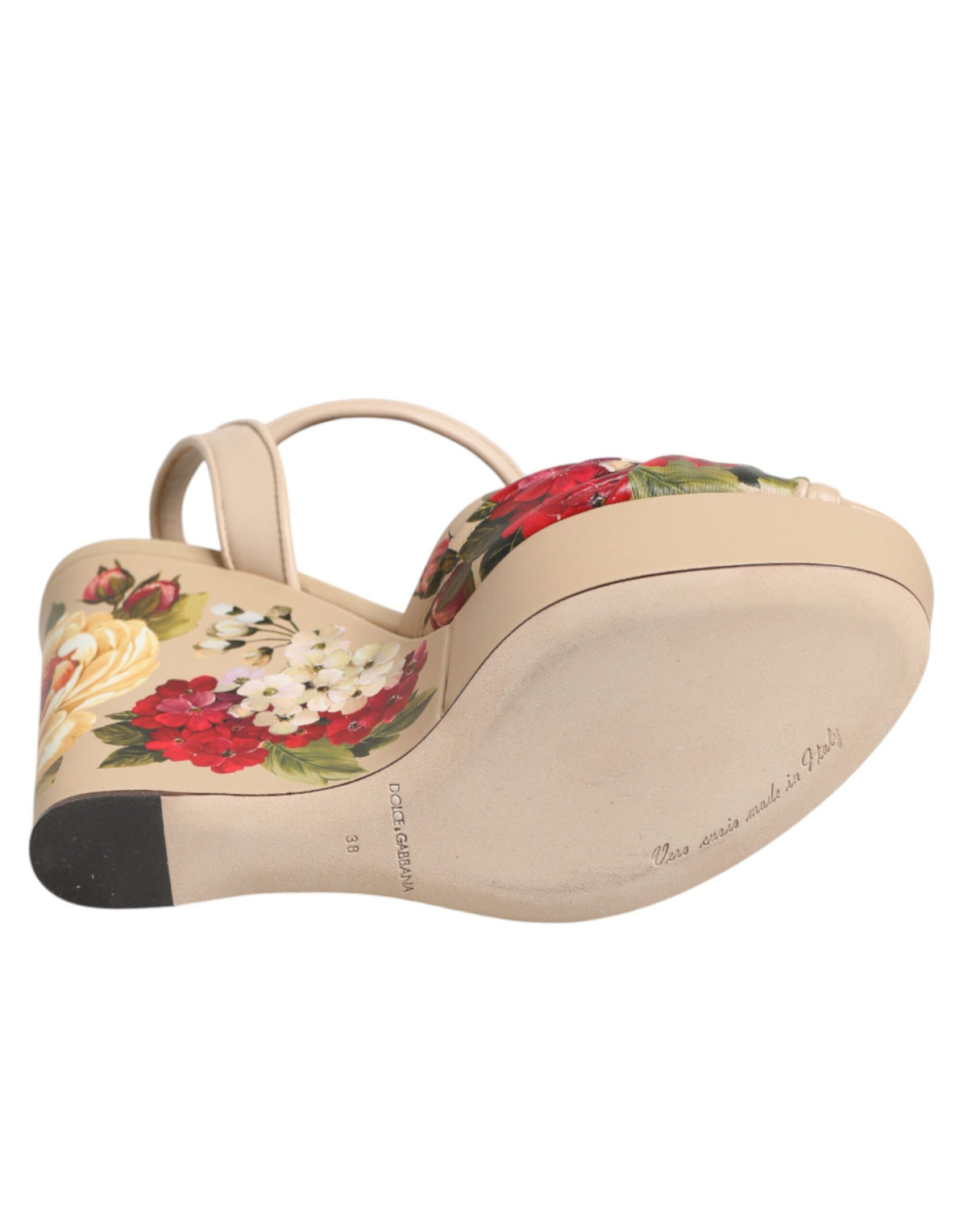 Dolce & Gabbana Beige Floral Ankle Strap Wedge Sandals Shoes