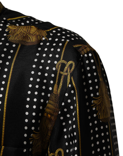 Dolce & Gabbana Black Dotted Tassel Silk Button Down Shirt