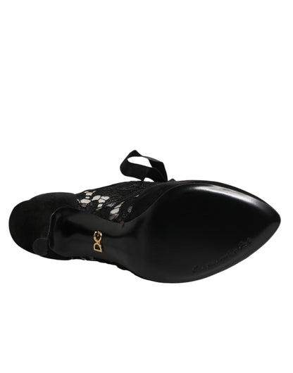 Dolce & Gabbana Black Floral High Heels LACE-UPS Pumps Shoes