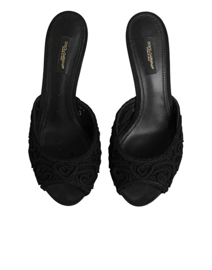 Dolce & Gabbana Black Embroidered Slip On Heels Slides Shoes