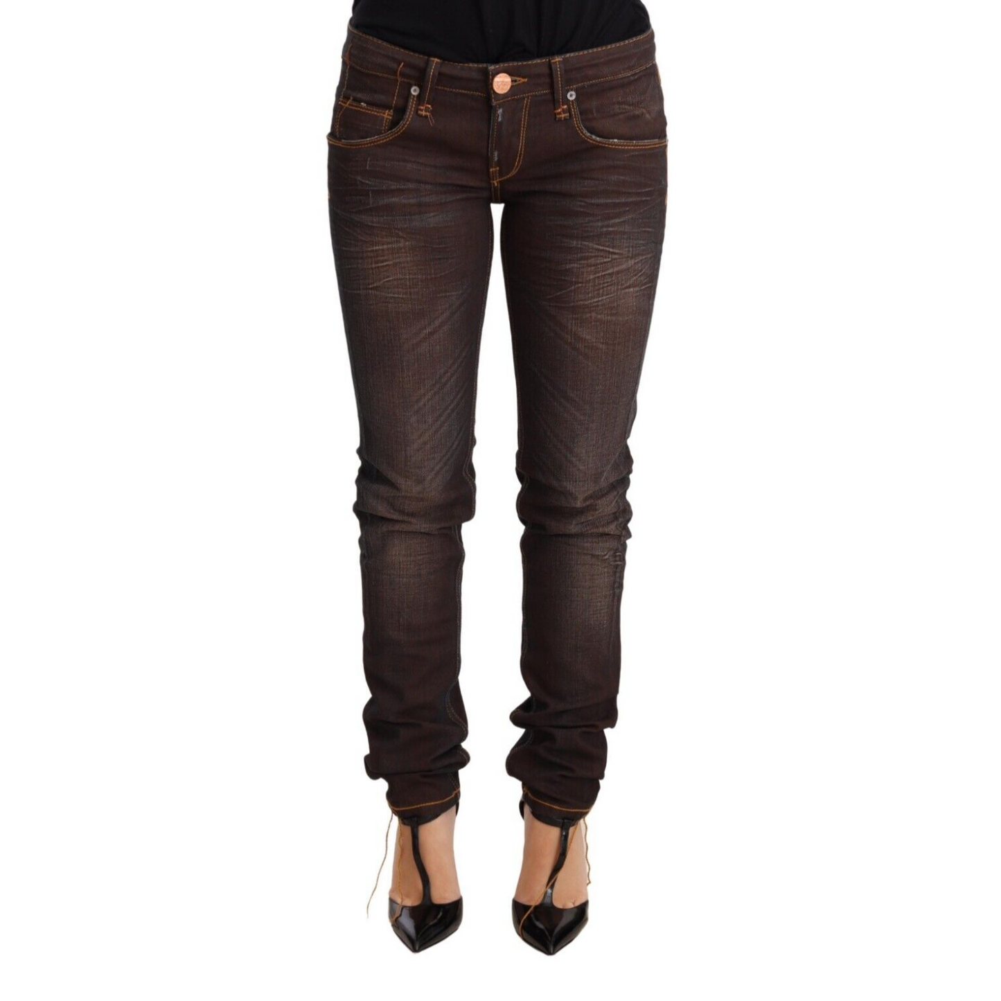 Acht Brown Washed Cotton Slim Fit Denim Low Waist Trouser Jeans