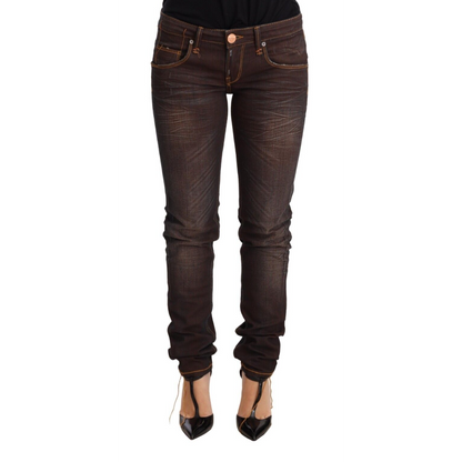 Acht Brown Washed Cotton Slim Fit Denim Low Waist Trouser Jeans