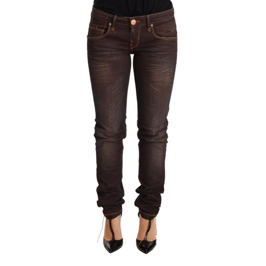 Acht Brown Washed Cotton Slim Fit Denim Low Waist Trouser Jeans