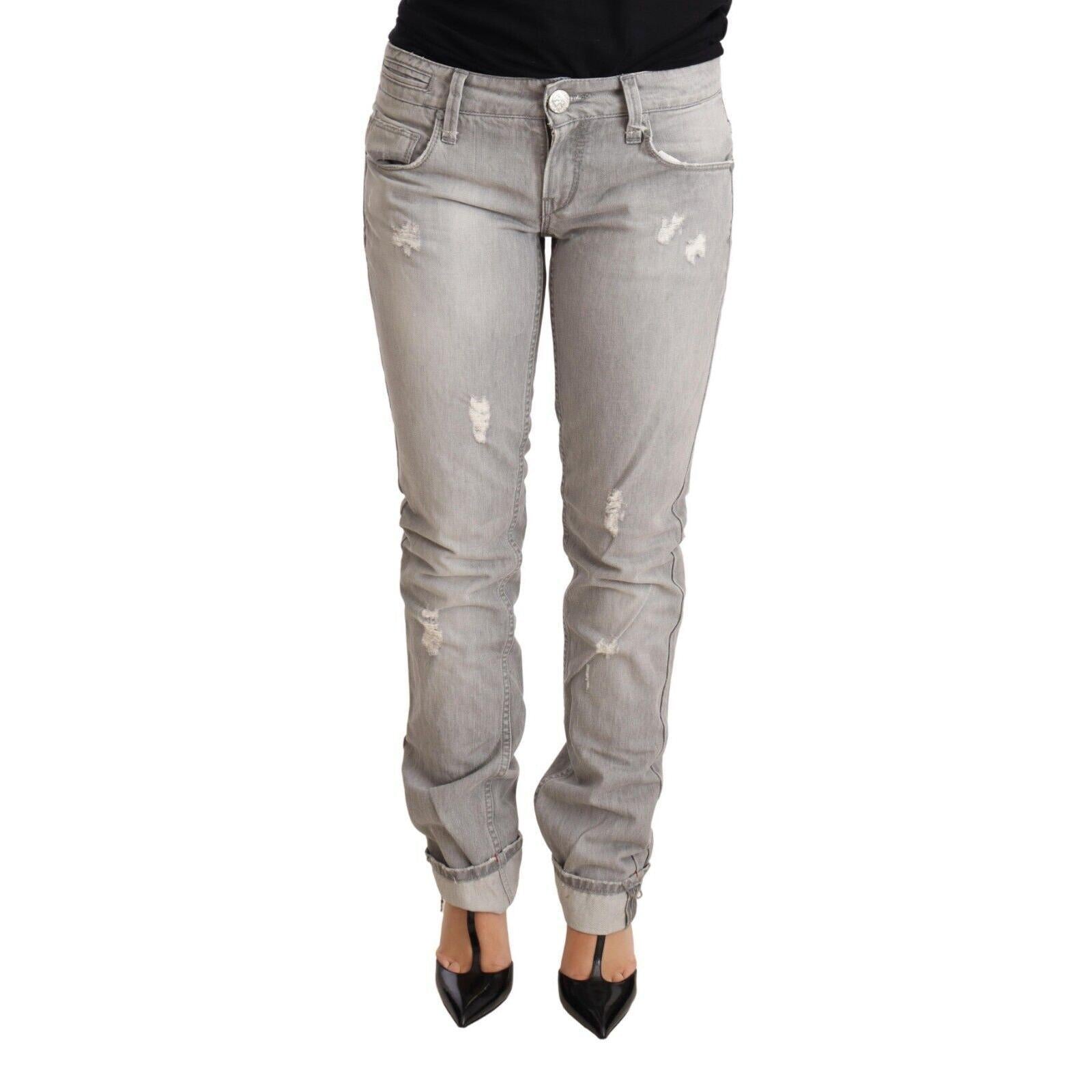 Acht Gray Tattered Cotton Slim Fit Folded Hem Women Denim Jeans
