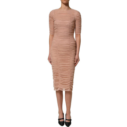 Dolce & Gabbana Beige Cotton Mesh Ruched Sheath Midi Dress