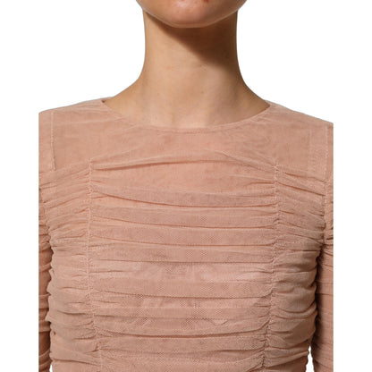 Dolce & Gabbana Beige Cotton Mesh Ruched Sheath Midi Dress