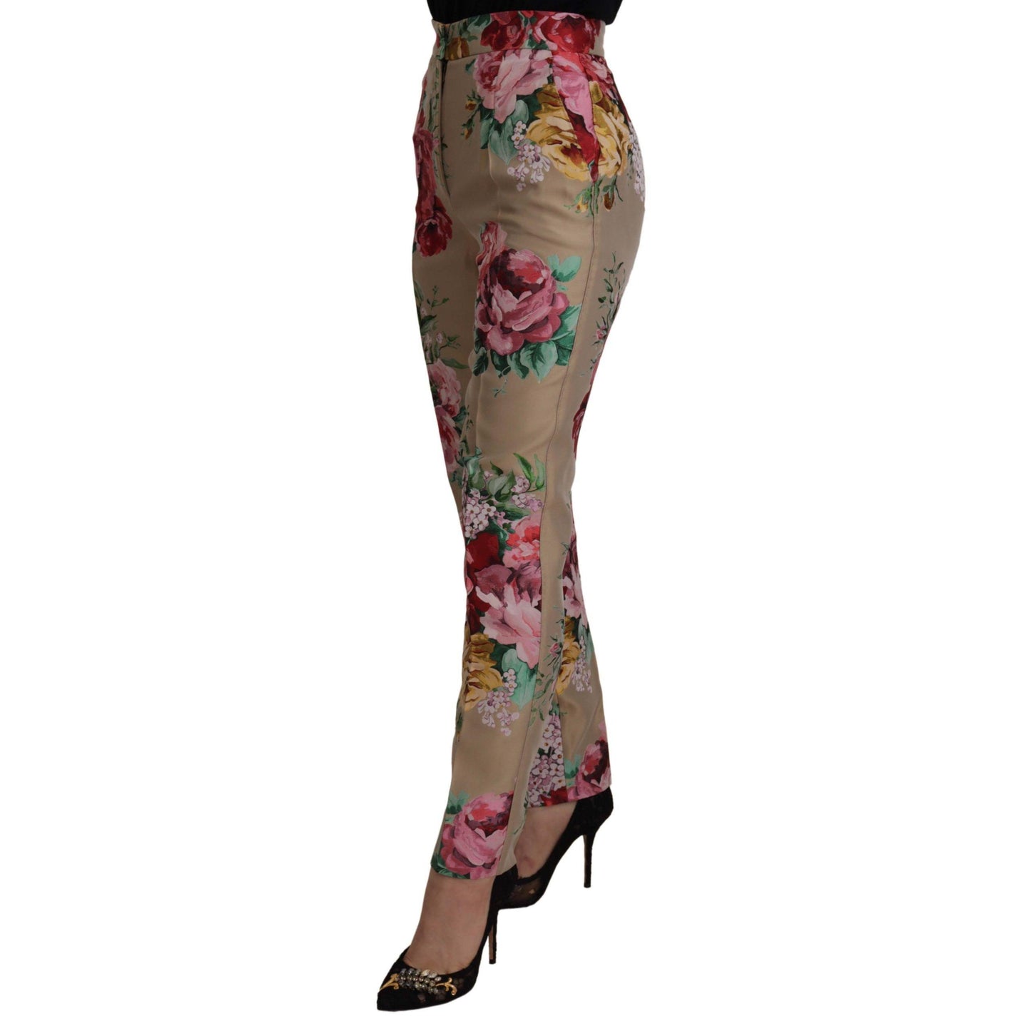 Dolce & Gabbana Beige Floral Dress Formal High Waist Pants