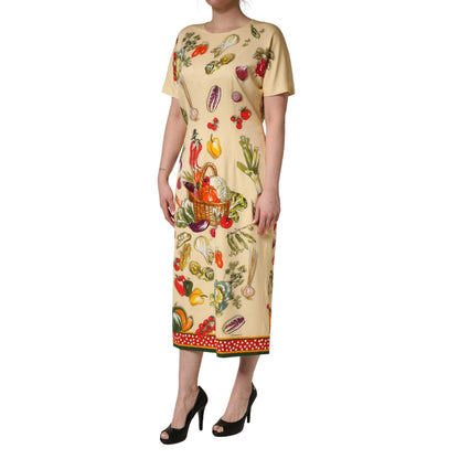 Dolce & Gabbana Beige Fruit PolkaDot Sheath Silk Midi Dress