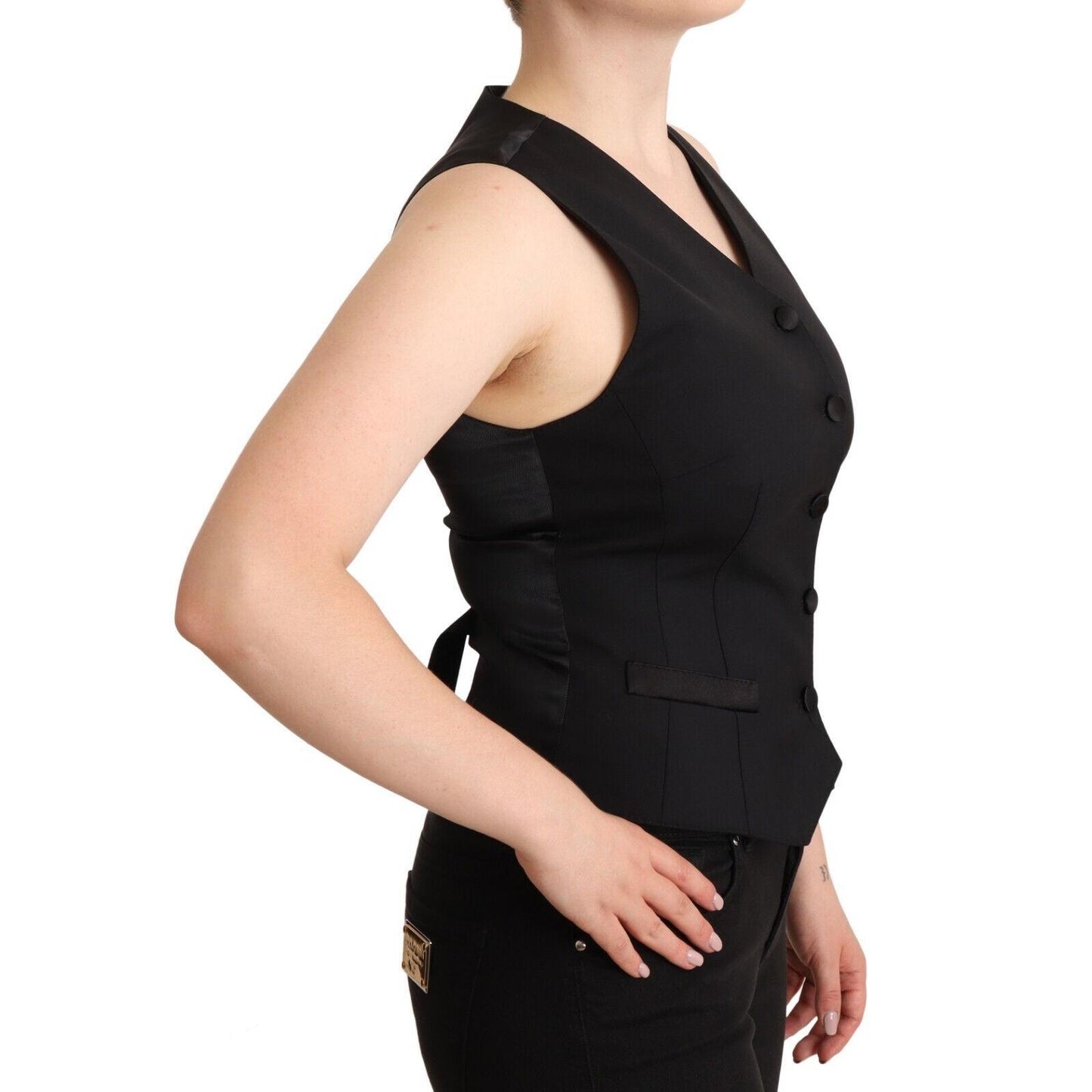 Dolce & Gabbana Black Button Down Sleeveless Viscose Vest Top