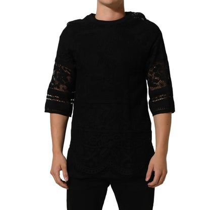 Dolce & Gabbana Black Cotton Floral Lace Crew Neck T-shirt