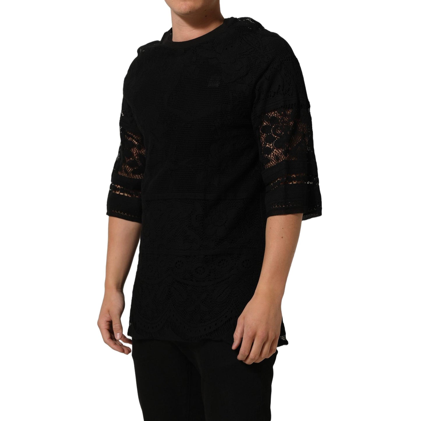 Dolce & Gabbana Black Cotton Floral Lace Crew Neck T-shirt