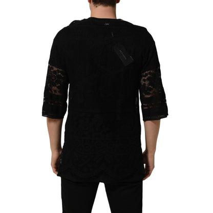 Dolce & Gabbana Black Cotton Floral Lace Crew Neck T-shirt