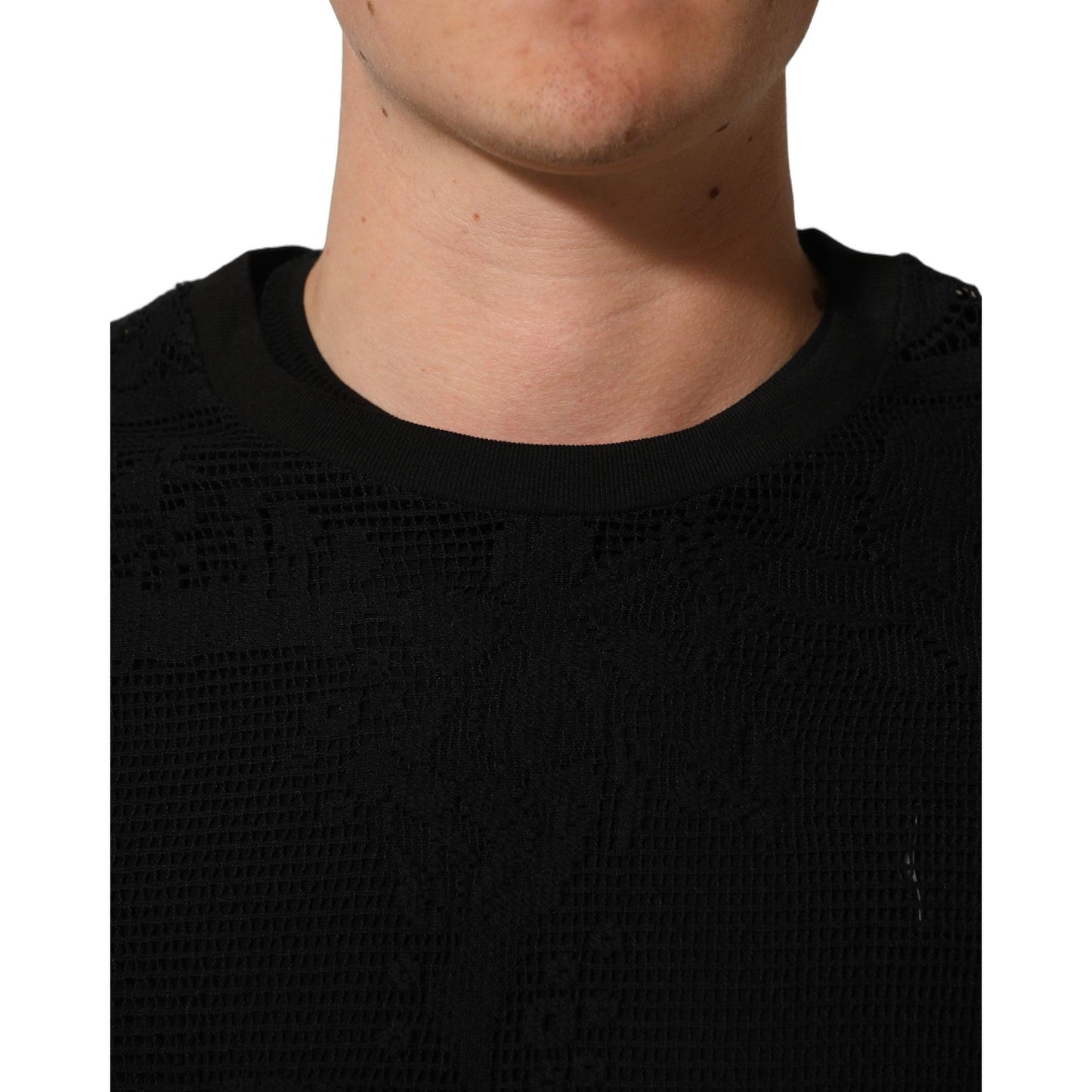 Dolce & Gabbana Black Cotton Floral Lace Crew Neck T-shirt