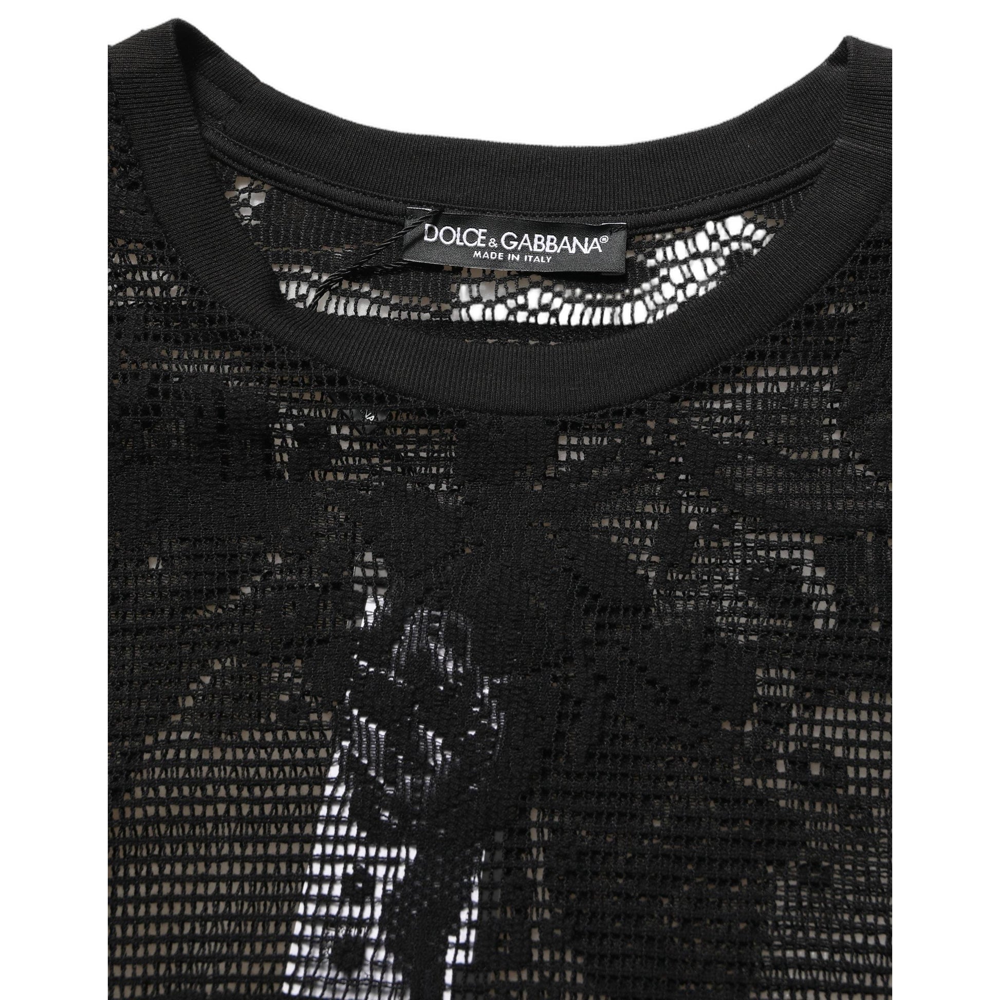 Dolce & Gabbana Black Cotton Floral Lace Crew Neck T-shirt