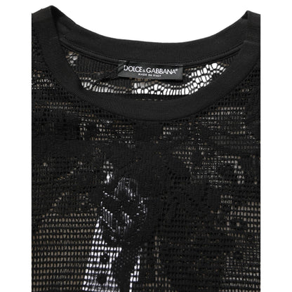 Dolce & Gabbana Black Cotton Floral Lace Crew Neck T-shirt