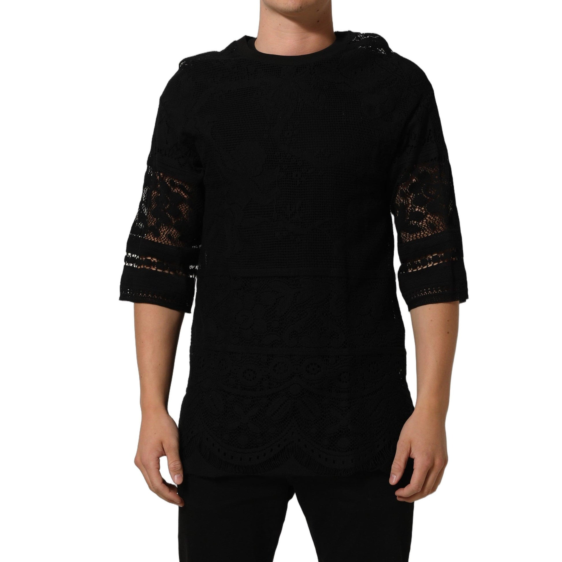 Dolce & Gabbana Black Cotton Floral Lace Crew Neck T-shirt