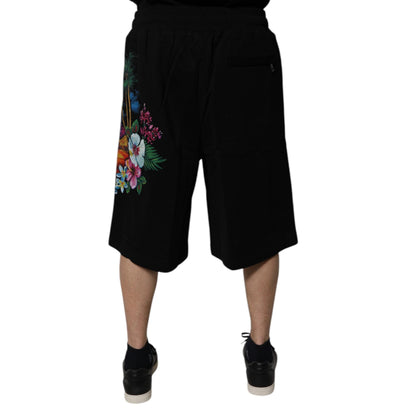 Dolce & Gabbana Black Cotton Logo Floral Print Bermuda Shorts