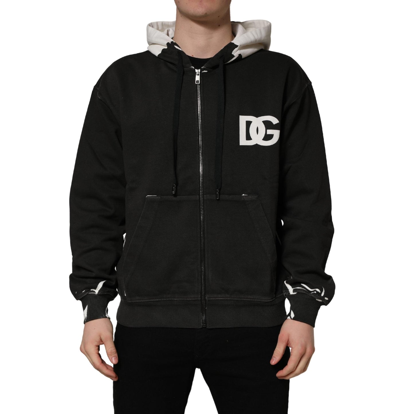 Dolce & Gabbana Black Cotton Logo Hooded Full Zip Sweater