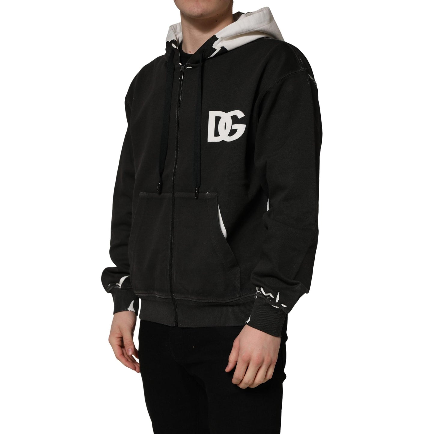Dolce & Gabbana Black Cotton Logo Hooded Full Zip Sweater