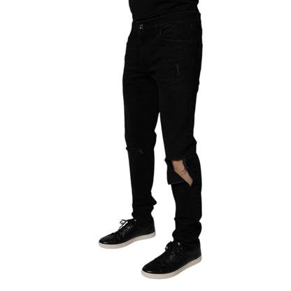 Dolce & Gabbana Black Cotton Tattered Skinny Men Denim Jeans
