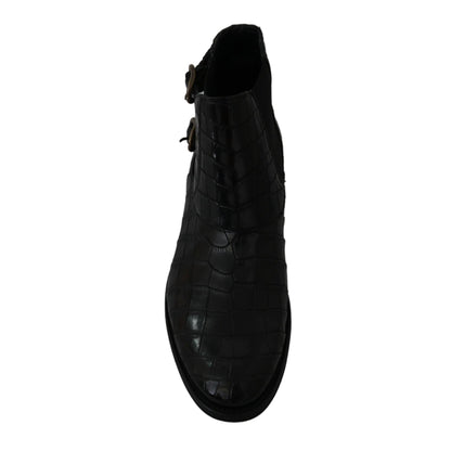 Dolce & Gabbana Black Crocodile Leather Derby Boots Shoes