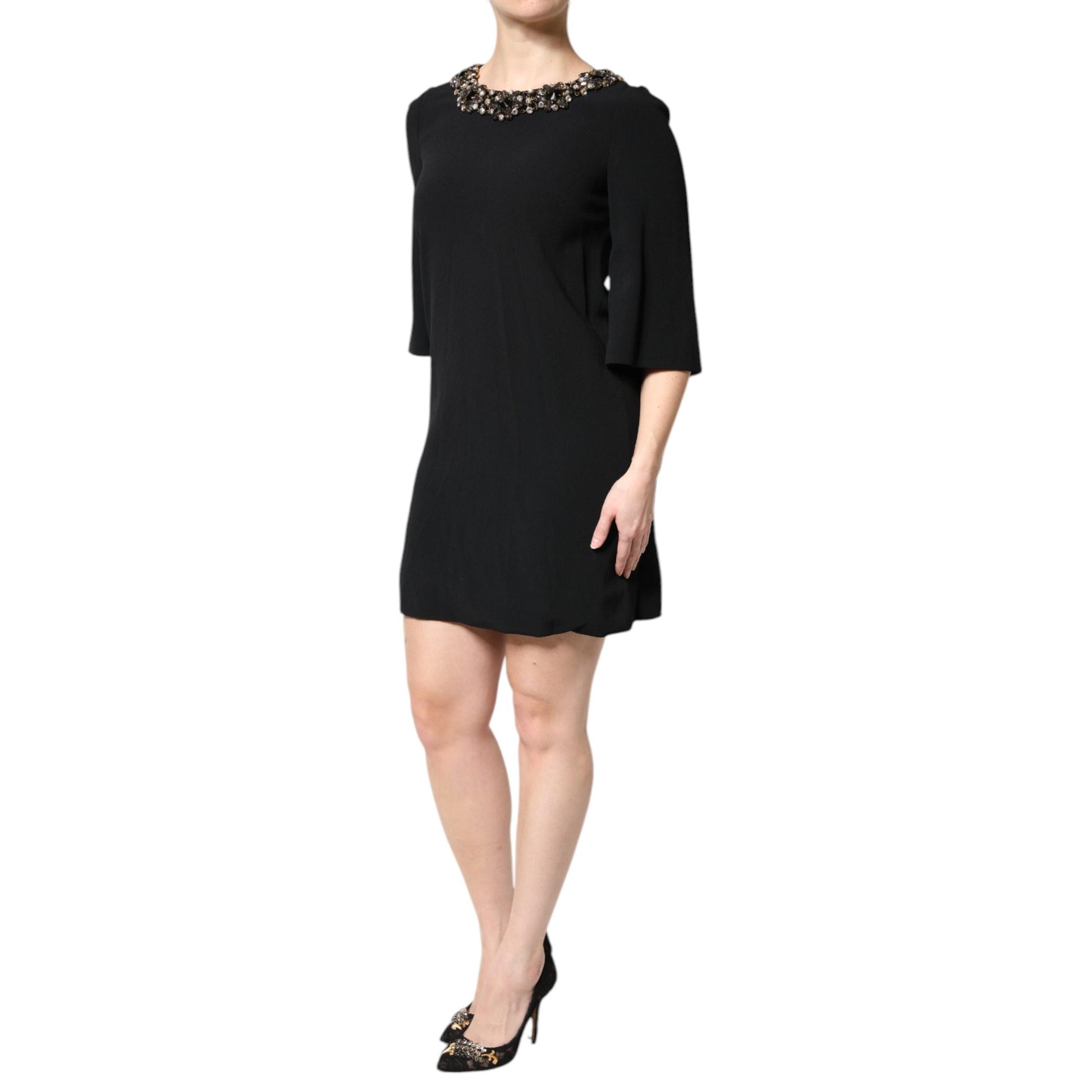 Dolce & Gabbana Black Crystal Embellished Round Neck Mini Dress