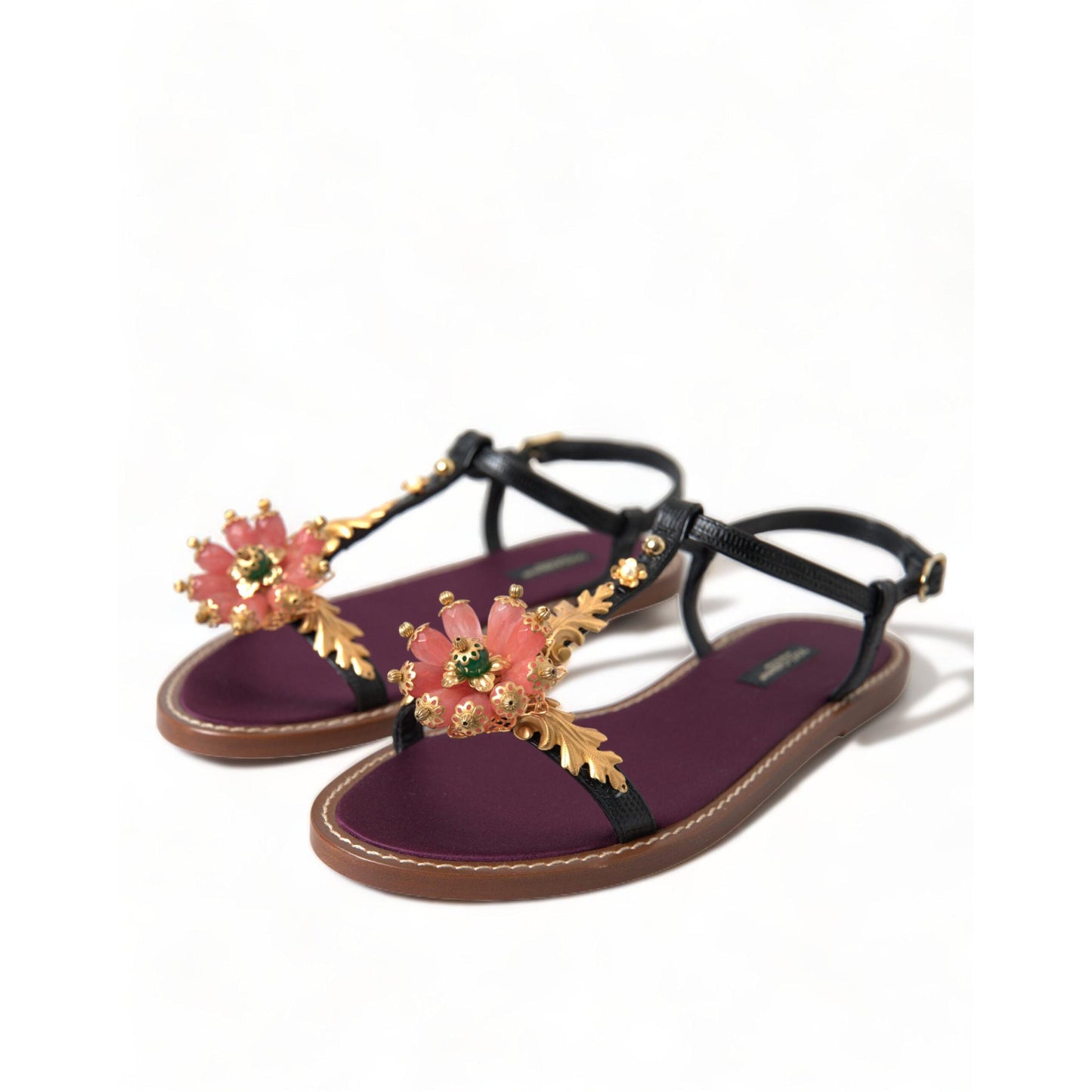 Dolce & Gabbana Black Crystal Gold Sandals Leather Shoes