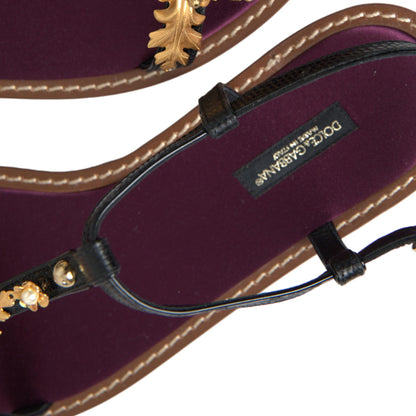 Dolce & Gabbana Black Crystal Gold Sandals Leather Shoes
