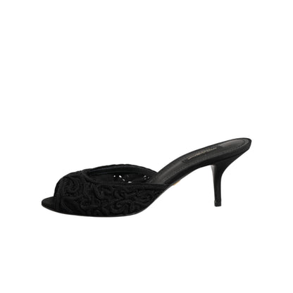 Dolce & Gabbana Black Embroidered Slip On Heels Slides Shoes