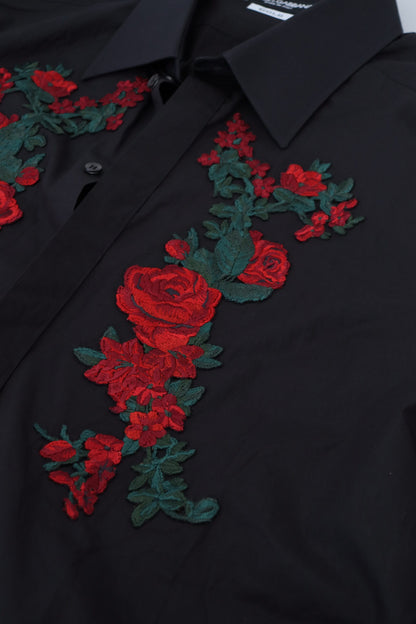 Dolce & Gabbana Black Floral Embroidery Men Long Sleeves GOLD Shirt
