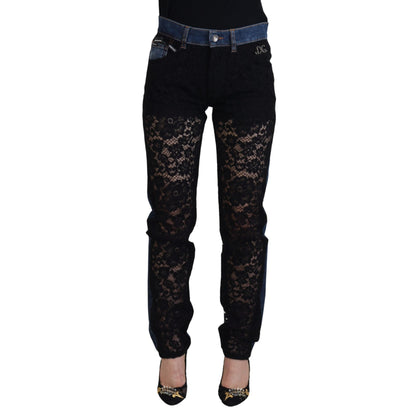 Dolce & Gabbana Black Floral Lace Front Skinny Denim Jeans