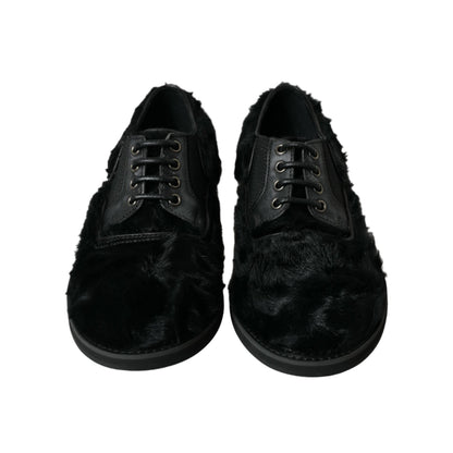 Dolce & Gabbana Black Fur Leather Lace Up Derby Dress Shoes