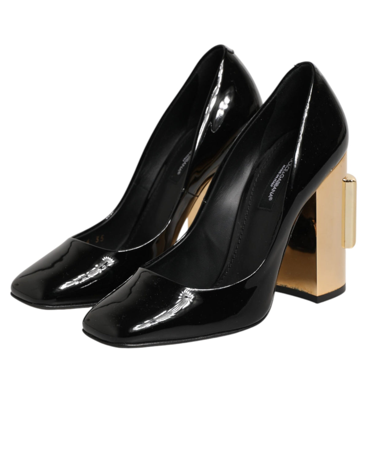 Dolce & Gabbana Black Gold Patent Leather Logo Heels Pumps Shoes