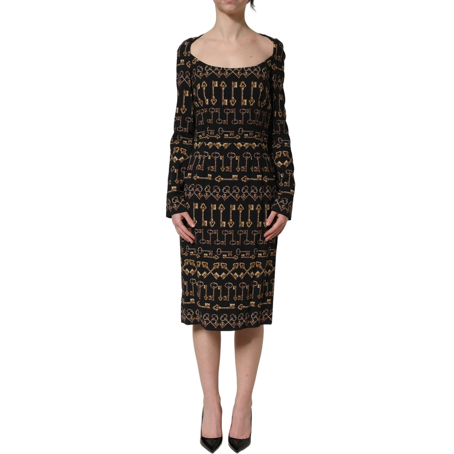 Dolce & Gabbana Black Key Print Long Sleeves Sheath Midi Dress