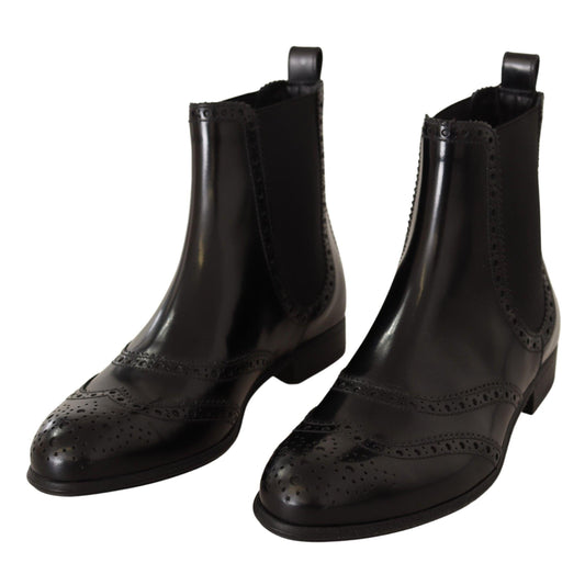 Dolce & Gabbana Black Leather Ankle High Flat Boots Shoes