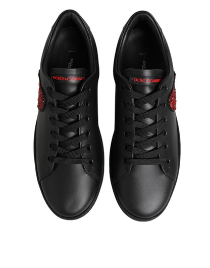 Dolce & Gabbana Black Leather Crystal Heart Low Top Sneakers Shoes
