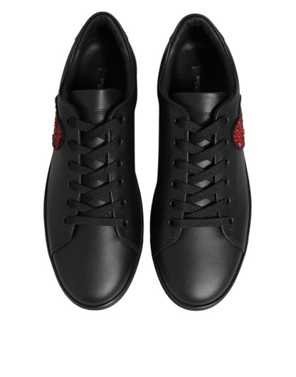 Dolce & Gabbana Black Leather Crystal Heart Sneakers Shoes