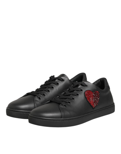 Dolce & Gabbana Black Leather Crystal Heart Sneakers Shoes